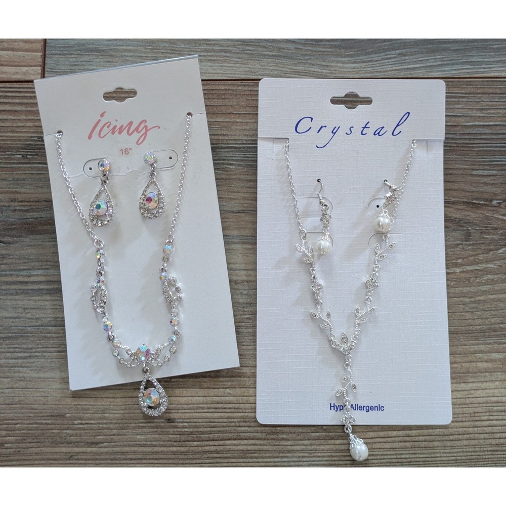 Icing Crystal Silver Earrings & Necklace Jewelry Sets Teardrop Diamond Pearl